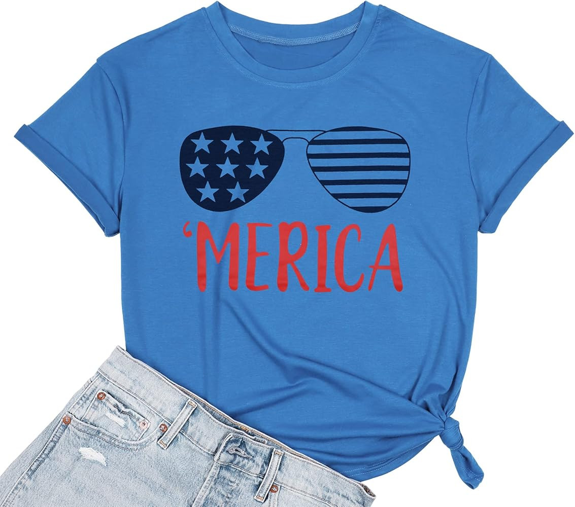 Merica Shirt for Women American Flag Tee Shirts Short Sleeve 4th of July Patriotic Shirts Tops | Amazon (US)
