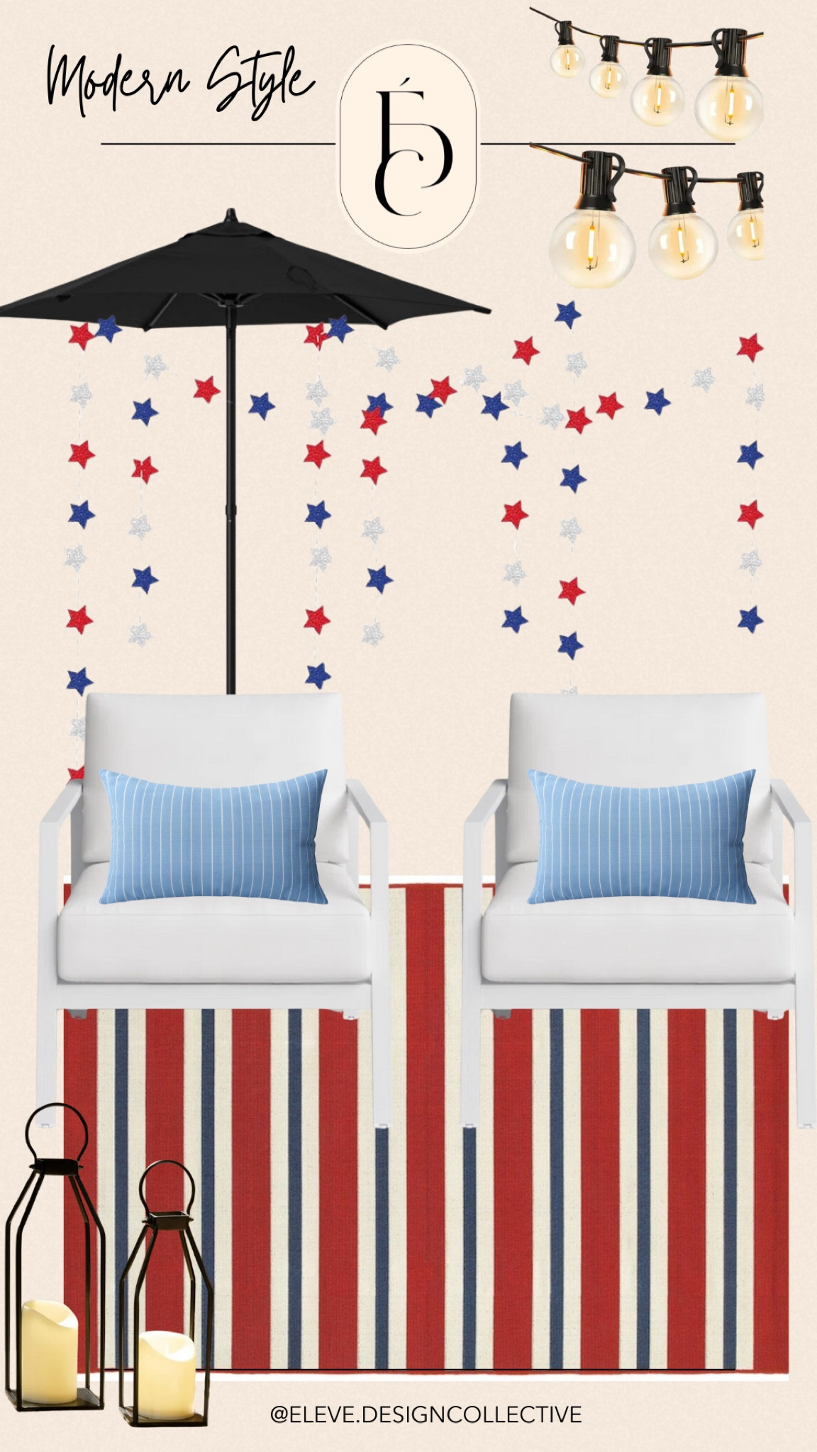 This modern Fourth of July look leaves plenty of room for the fireworks to be the main attraction! 
 #Interiordesign #elevedesigncollective #designboards #fullservice #homedecor #homerenovation #ispired #home #virtualdesign #modern #fourthofjuly


#LTKHome #LTKParties #LTKSeasonal