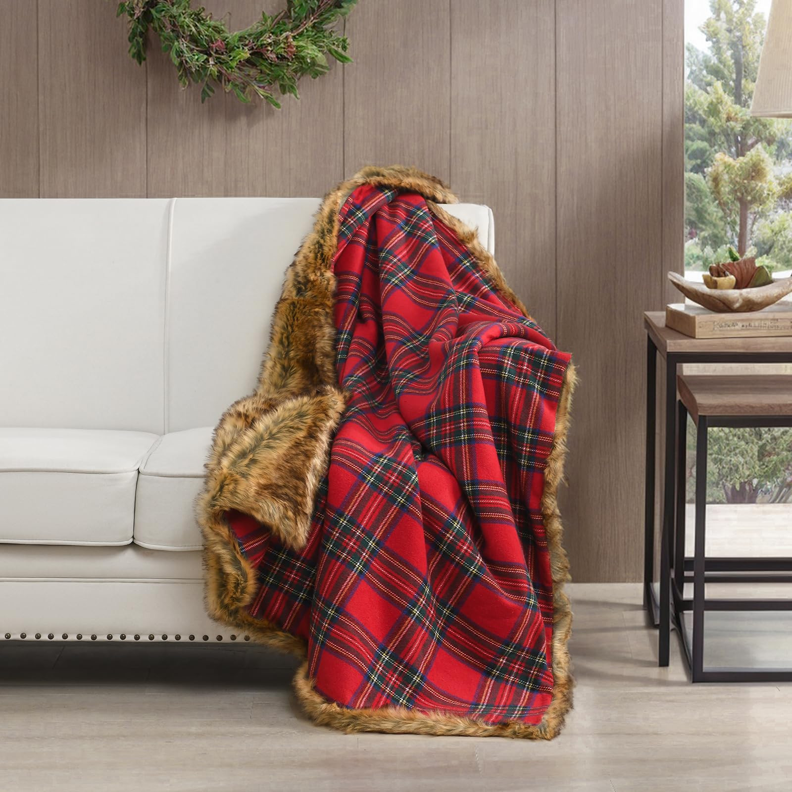 HORIMOTE HOME Luxury Plush Faux Fur Throw Blanket with Red Plaid Pattern, Super Warm, Fuzzy, Eleg... | Amazon (US)