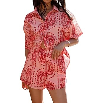 2 Piece Sets for Women Bohemian Print Short Sleeve Collar Button Blouse and Loose Shorts Summer V... | Amazon (US)