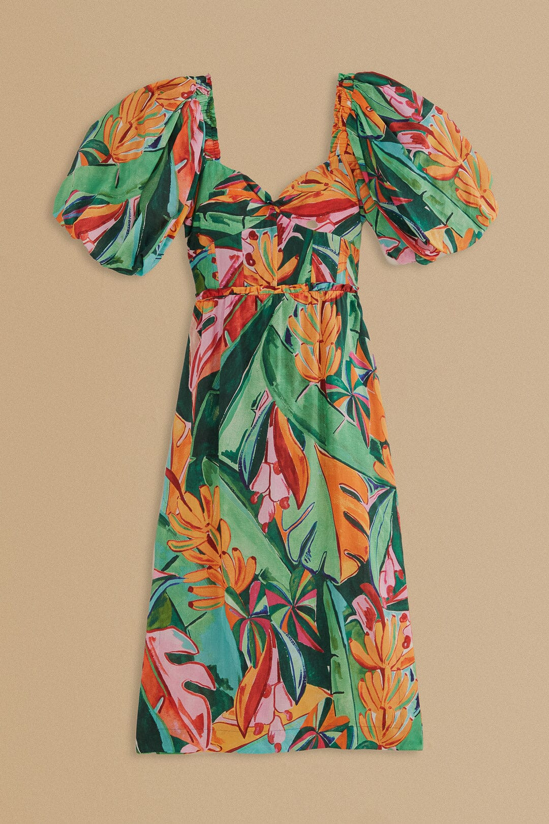 Multicolor Banana Foliage Puff Sleeve Midi Dress | FarmRio (US)