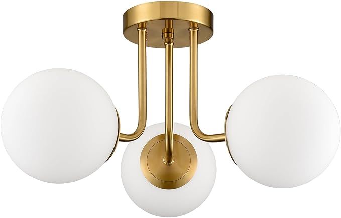 SHAWNKEY Modern Brass Gold 3-Light Ceiling Light with Globe White Glass Shade Semi Flush Mount Ce... | Amazon (US)