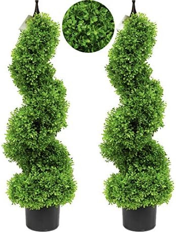 Artificial Topiary Tree Set of 2 Boxwood Spiral topiaries Trees 35 inch/2.95 ft Faux Topiary Tree... | Amazon (US)