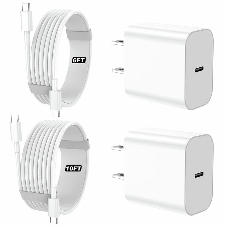 IPhone 17 16 15 Charger, 2 Pack PD 20W Adapter Wall Fast Charger with 6&10ft White USB C Cable Co... | Walmart (US)