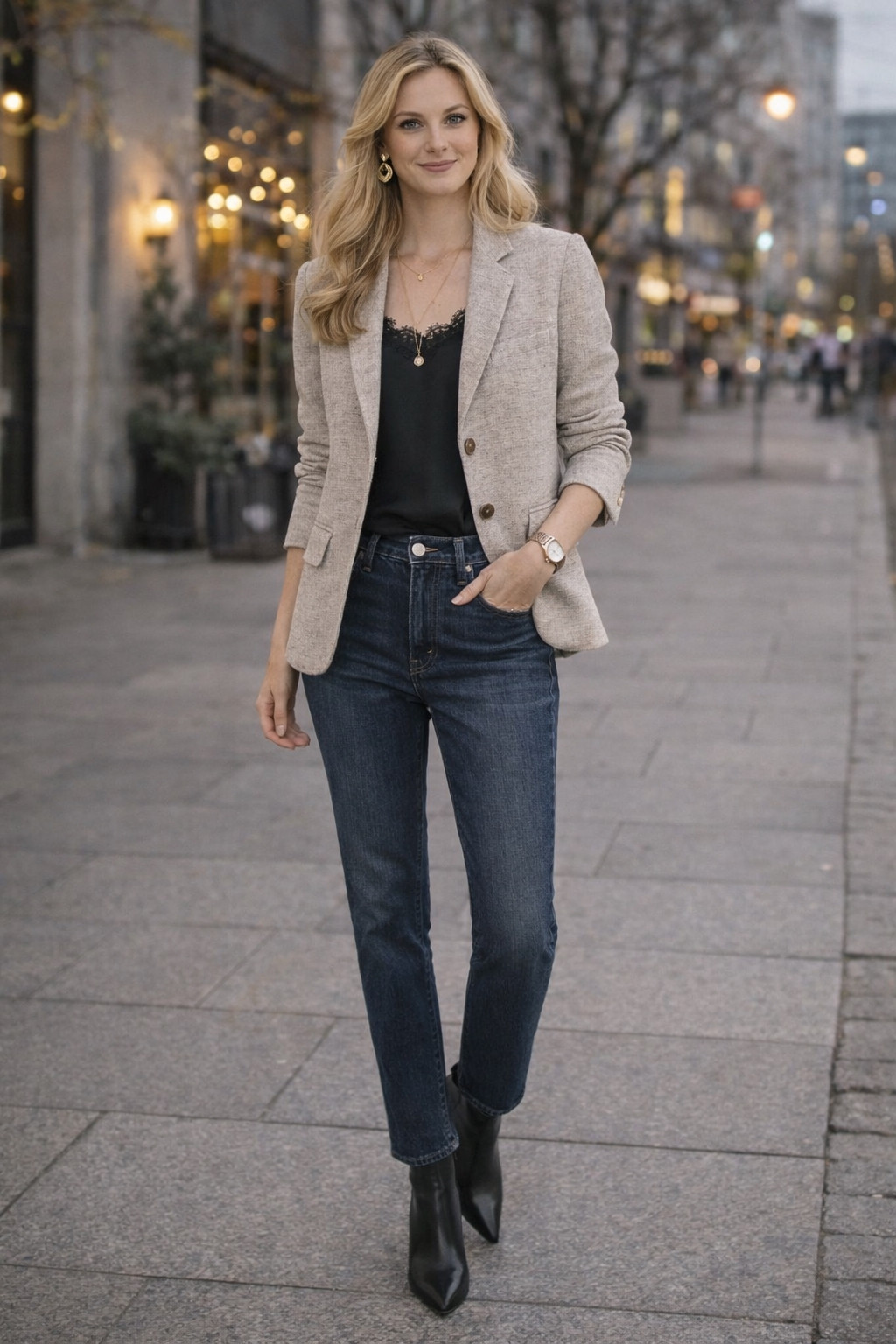 Spring summer outfit beige blazer black lace top denim jeans 

#LTKspring #LTKshoes #LTKstyletip