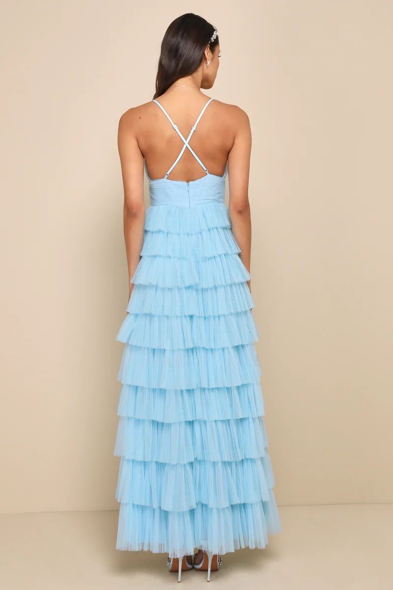 Radiant Event Light Blue Mesh Tiered Pleated Backless Maxi Dress | Lulus