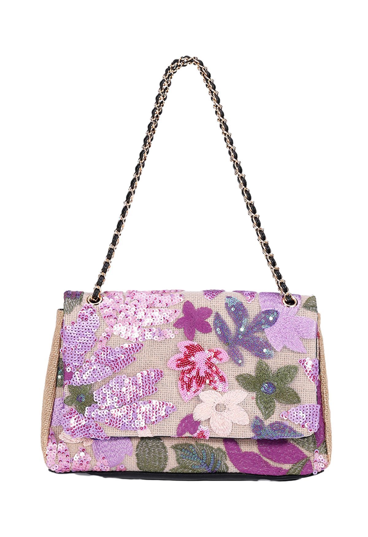 Sequin Floral Embroidered Shoulder Bag in Violet | Chicwish