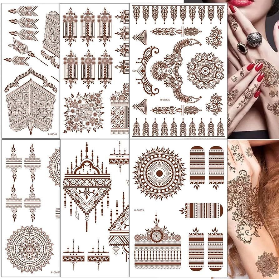 Brown Henna Temporary Tattoo Stickers, 80+ Patterns Exquisite Lace Flower Mandala Flower Elephant... | Amazon (US)