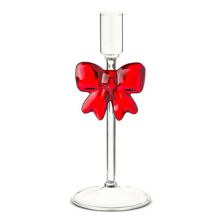 Small Clear Glass Christmas Taper Candle Holder with Bow, 7.75", by Holiday Time - Walmart.com | Walmart (US)