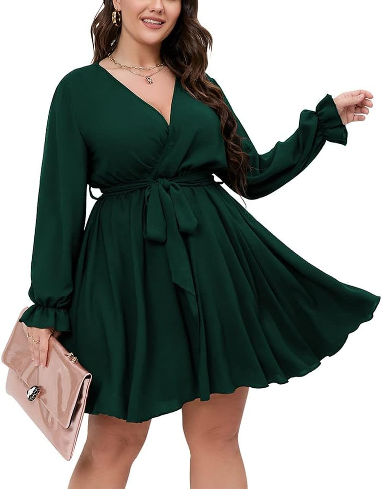 SCOMCHIC Women's Plus Size Long Sleeve Wrap V Neck Tie Waist A Line Mini Dress | Amazon (US)