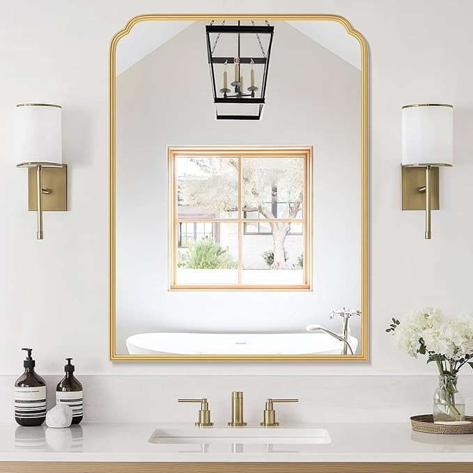 30X40 Inch Gold Bathroom Mirror for Vanity, Modern Rounded Corner Large Wall Mirror for Over Sink... | Amazon (US)