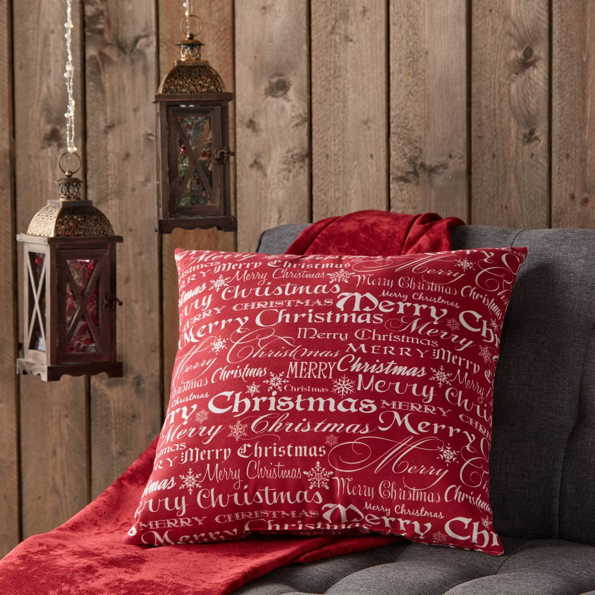 18"x18" Merry Christmas Holiday Square Throw Pillow - Kensington Garden: Festive Red, Cotton Fabr... | Target