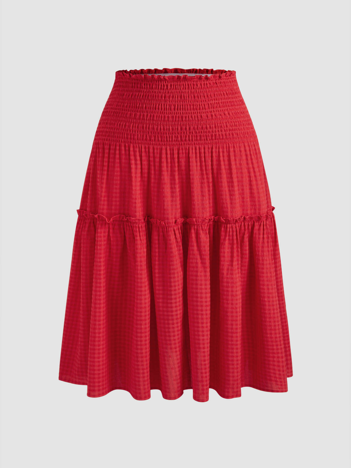 Woven Mid Rise Texture Lettuce Trim Shirred Tiered Maxi Skirt Curve & Plus For Vacation | Cider