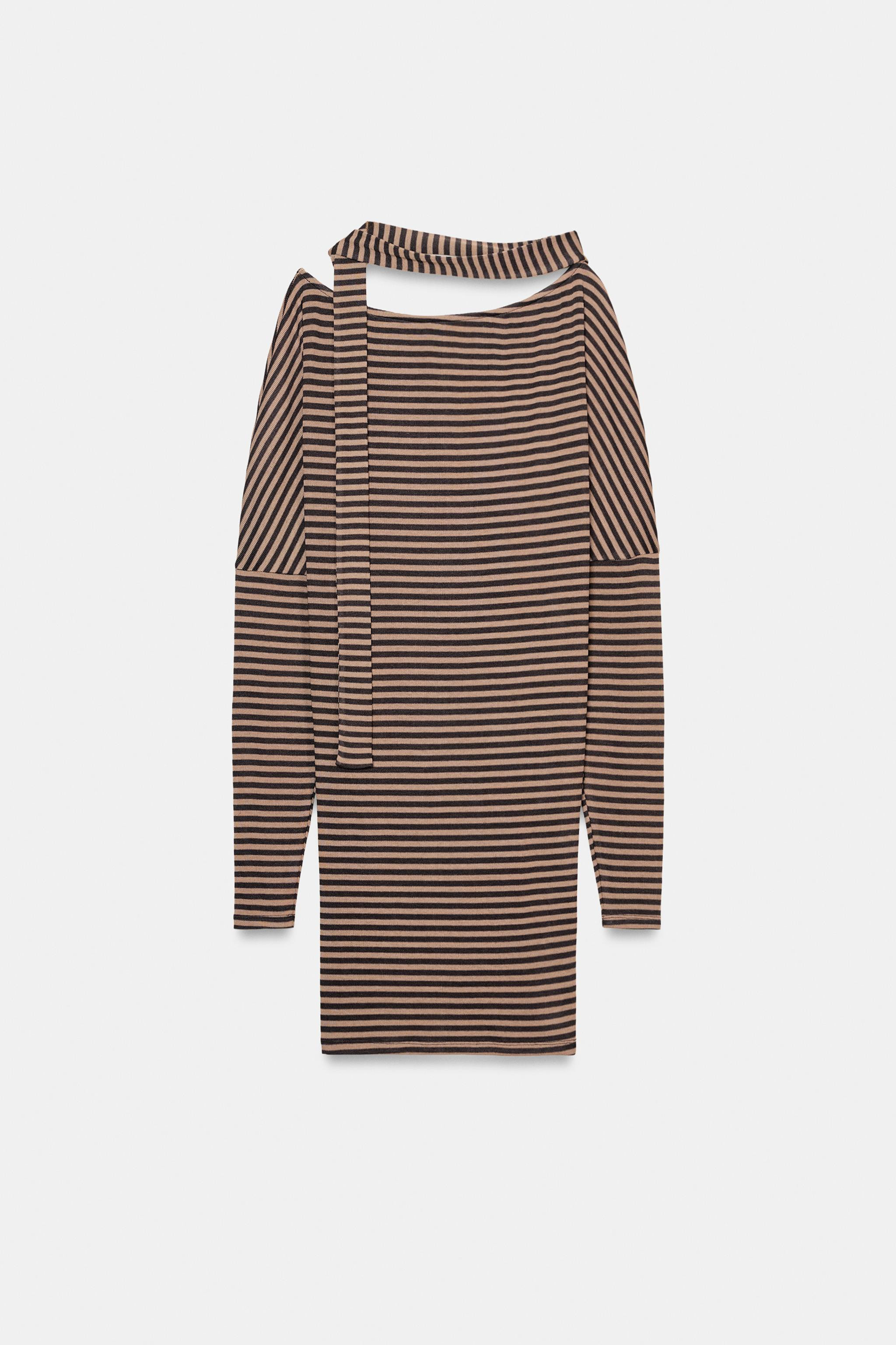 Midi boat neck long sleeve dress. Adjustable self-fabric belt with ties. Straight hem. | Zara US