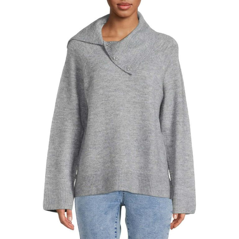 Time and Tru Women's Long Sleeve Split Neck Collar Sweater | Walmart (US)