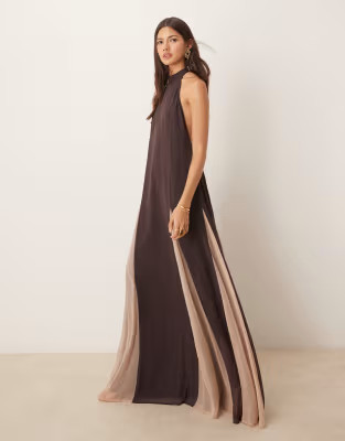 ASOS DESIGN high neck chiffon maxi dress with contrast godet skirt in brown | ASOS (Global)