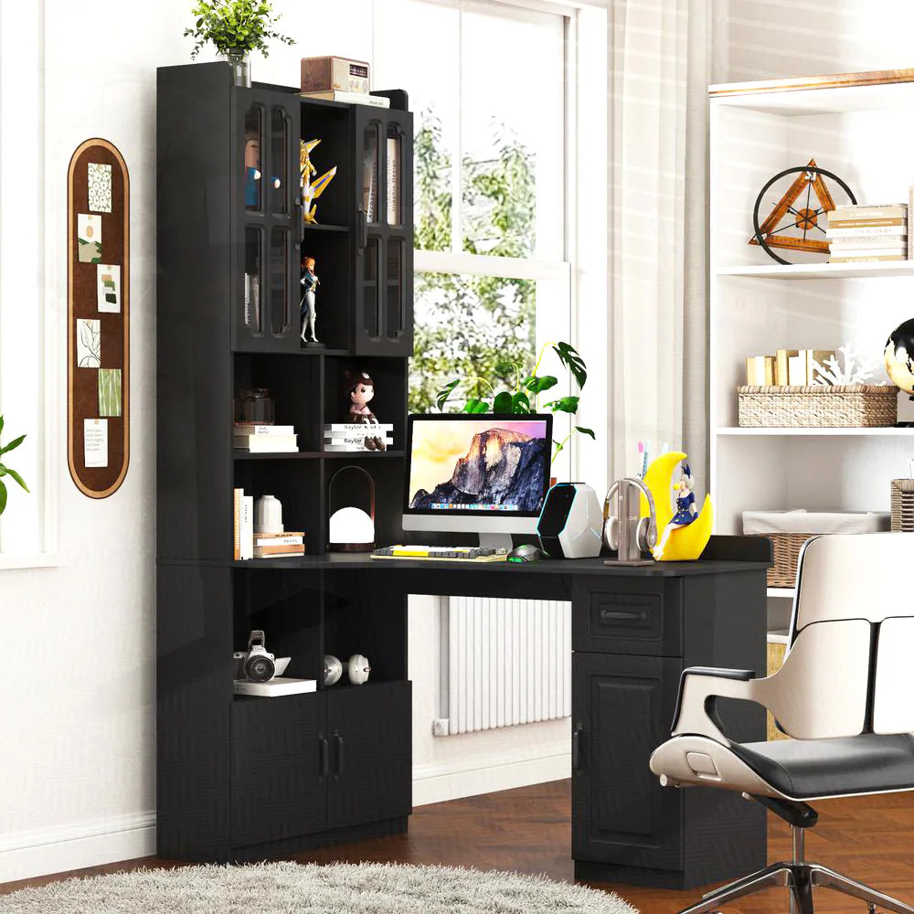 SunJet Black L Shaped Corner Computer Desk for Home Office or Study Modern Table with Drawers Bookshelf and Hutch Large 2 in 1 Workspace | Lowe's