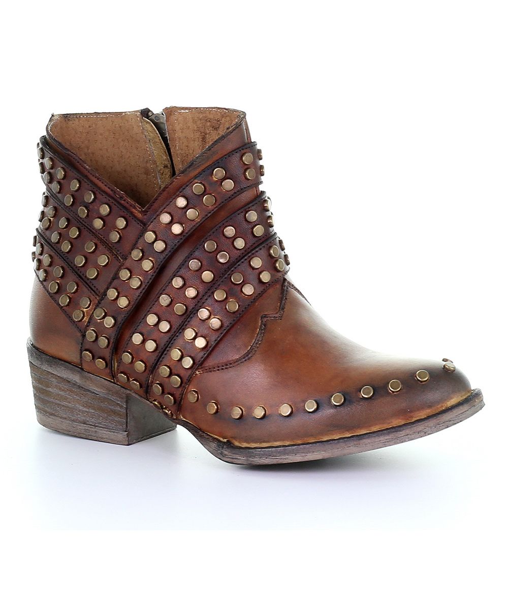 Circle G Women's Western Boots COGNAC - Cognac Studded-Straps Leather Ankle Boot - Women | Zulily