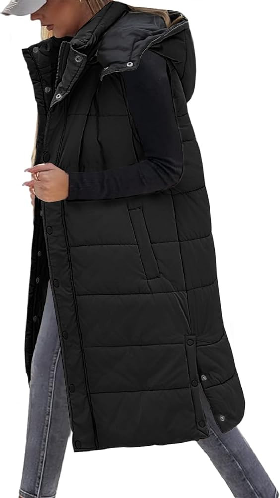 Long Puffer Vest Women With Hood Sleeveless Down Vest Warm Jacket Winter Coat With Pockets | Amazon (US)