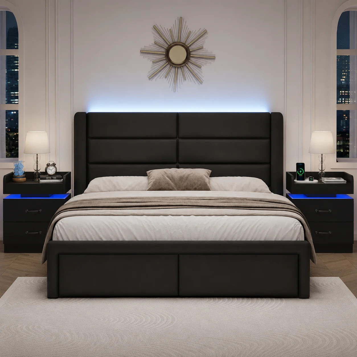 Faux Leather Upholstered Bed Frame with Headboard + 2-Drawer Nightstand with Charging Station, USB Ports & Outlets, Complete 3-Piece Bedroom Set | Wayfair North America