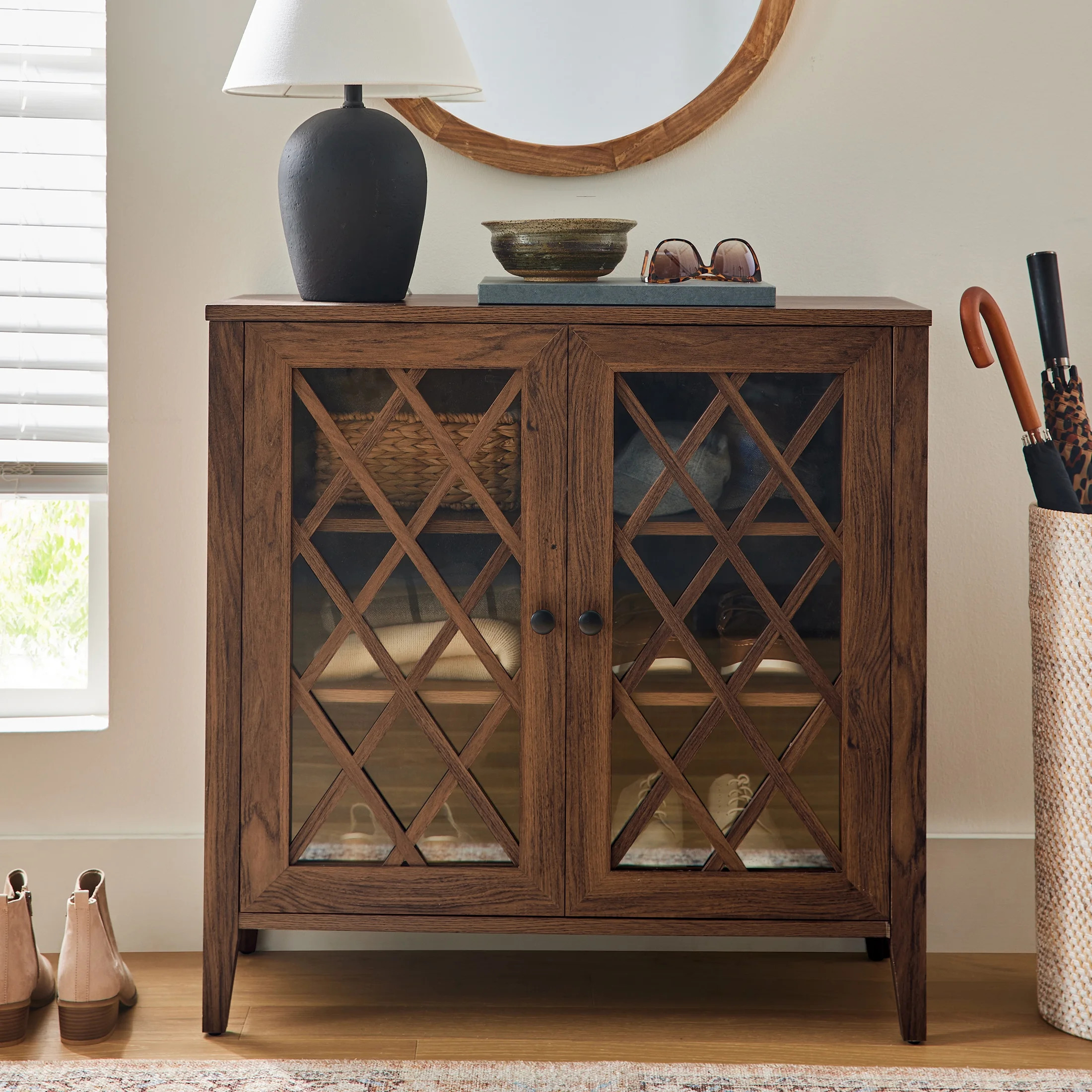 Better Homes & Gardens Trellis Accent Cabinet with Glass Doors, Walnut - Walmart.com | Walmart (US)