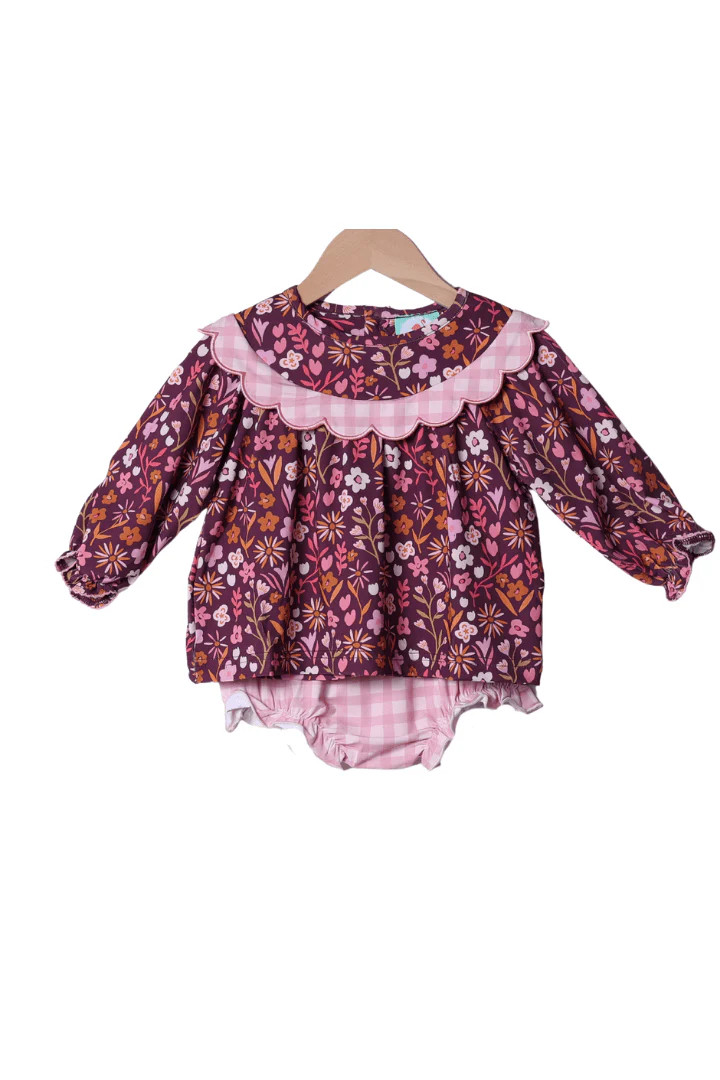 Fall Floral Maroon Scalloped Gingham Bloomer Set | The Smocked Flamingo