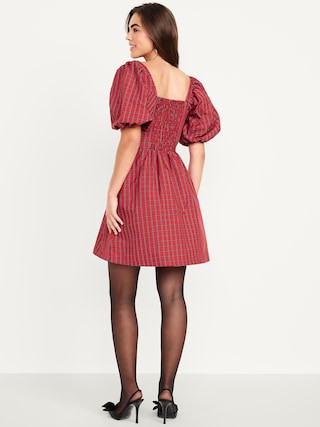 Puff-Sleeve Plaid Fit & Flare Taffeta Mini Dress | Old Navy (US)