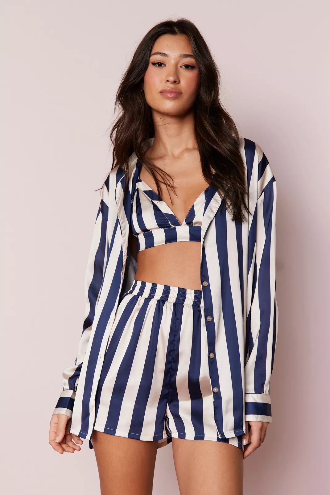Satin Stripe Bralette And Shirt 3pc Pajama Shorts Set | Nasty Gal US