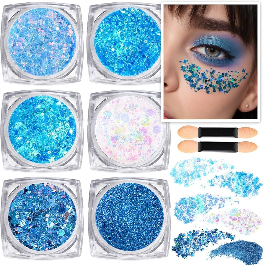 Teenitor Face & Body Glitter - Blue, Hair Glitter Gel, 6 Shapes Festival Makeup Glitter for Face,... | Amazon (US)