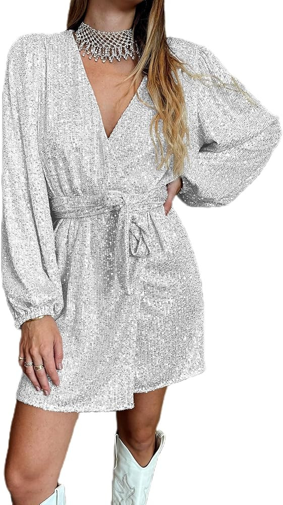 Ababalaya Sparkly Mini Wrap Dress For Women Womens Silver Sequin Dress White Sequin Dress Amazon | Amazon (US)