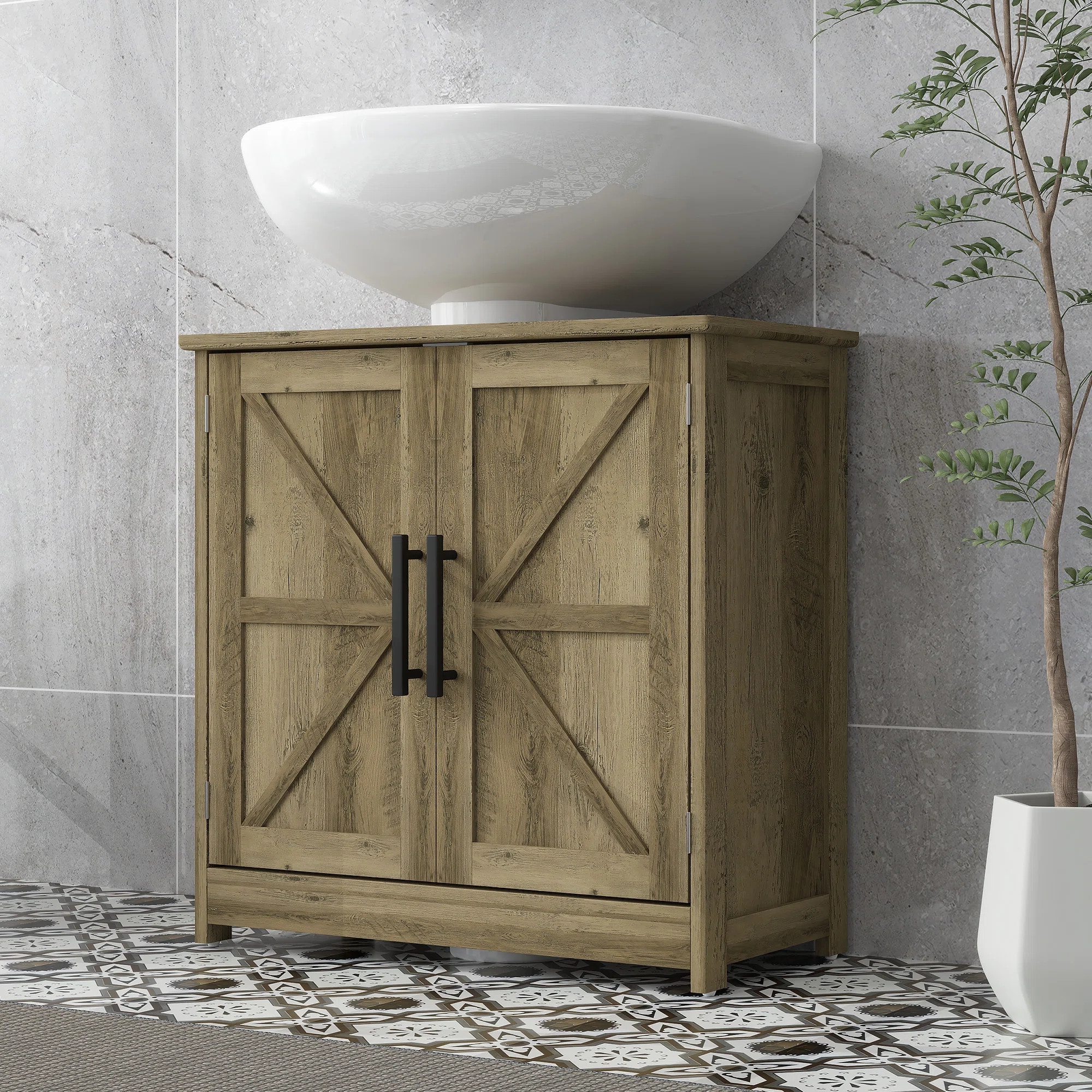 Pedestal Sink Storage Cabinet, Farmhouse Freestanding Bathroom Sink Cabinet With 2 Barn Doors And... | Wayfair North America