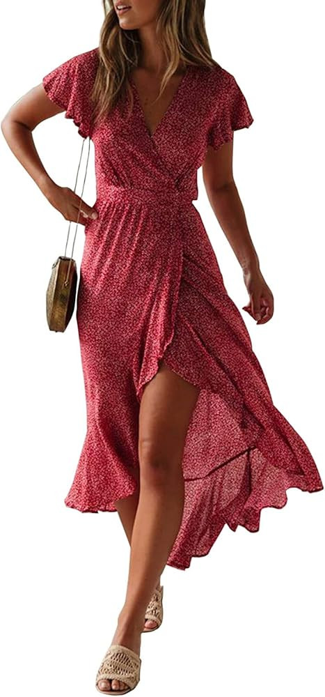 ZESICA Women's 2023 Bohemian Floral Printed Wrap V Neck Short Sleeve Split Beach Party Maxi Dress | Amazon (US)