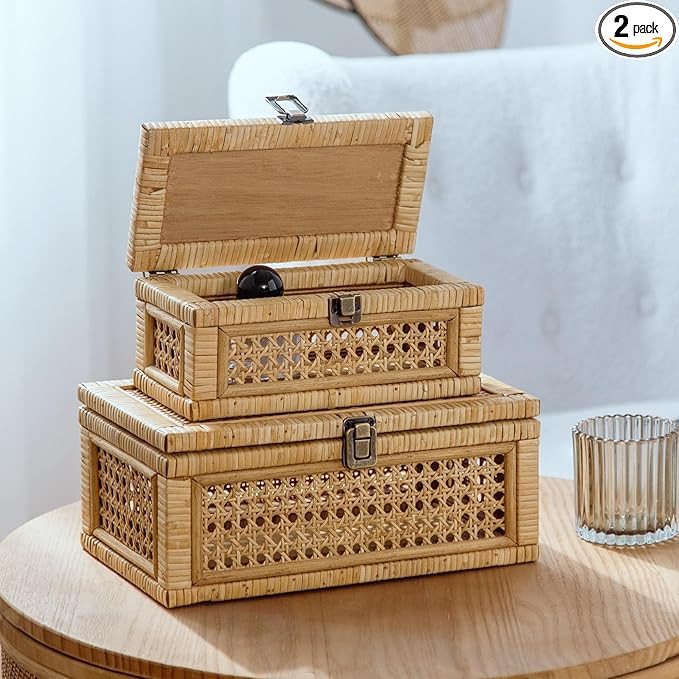 Rattan Decorative Box, Boho Display Boxes with Lids, Set of 2 Rectangular Wicker Storage Basket, ... | Amazon (US)