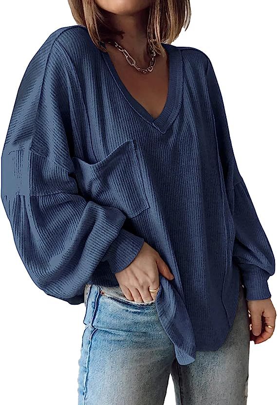 BTFBM Women's Casual V Neck Ribbed Knitted Shirts Pullover Tunic Tops Loose Balloon Sleeve Solid ... | Amazon (US)