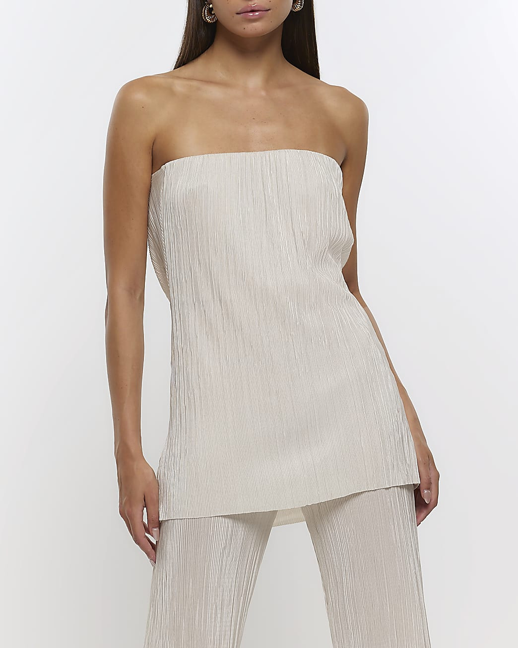 Cream plisse cowl back bandeau top | River Island (UK & IE)