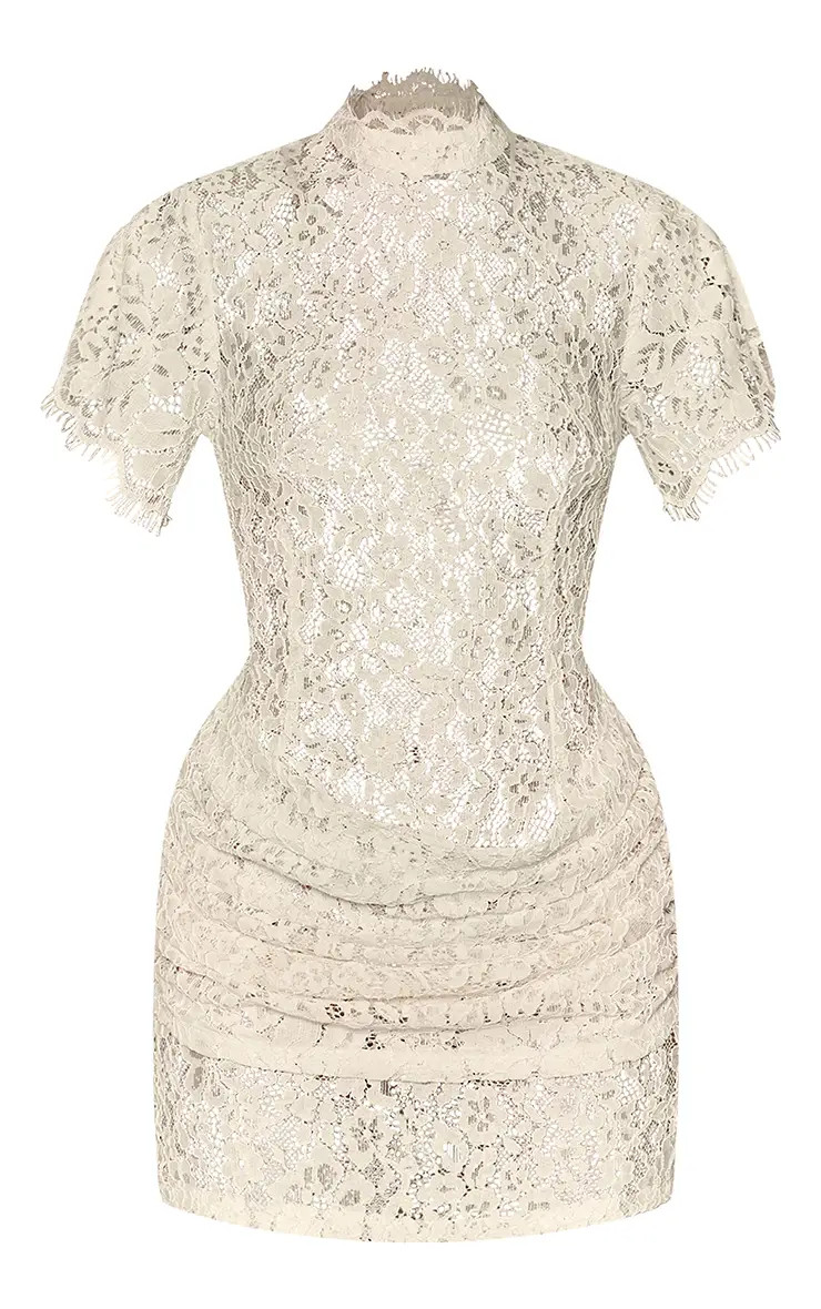 Cream Sheer Lace Drape Cap Sleeve Mini Dress | PrettyLittleThing UK