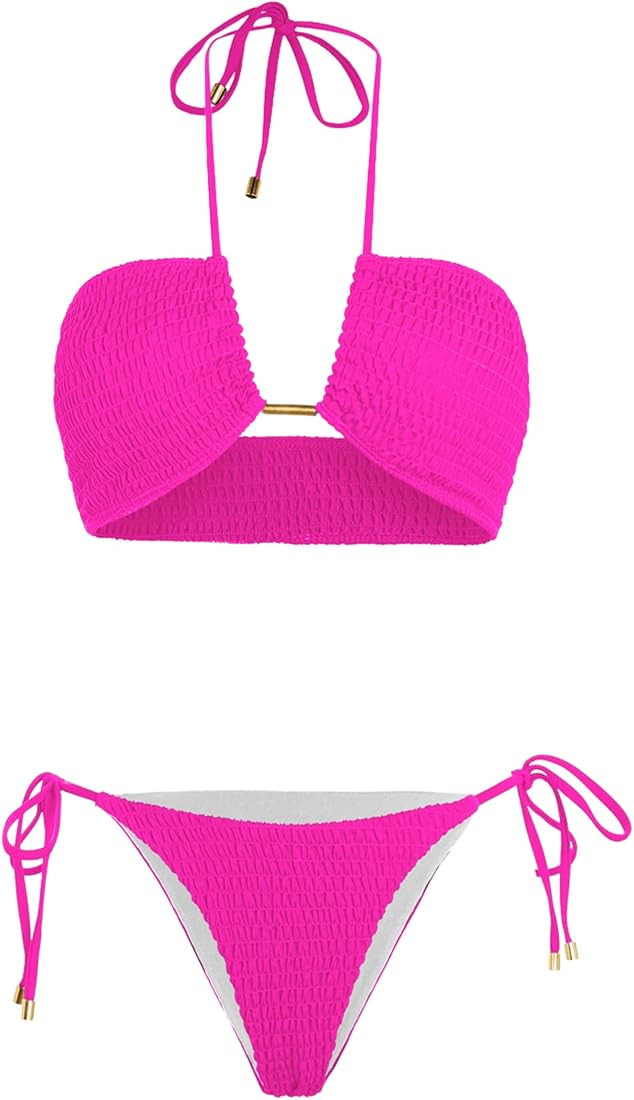 SweatyRocks Women's 2 Piece Bathing Suit Ribbed Tie Side Halter Bikini Swimsuit | Amazon (US)