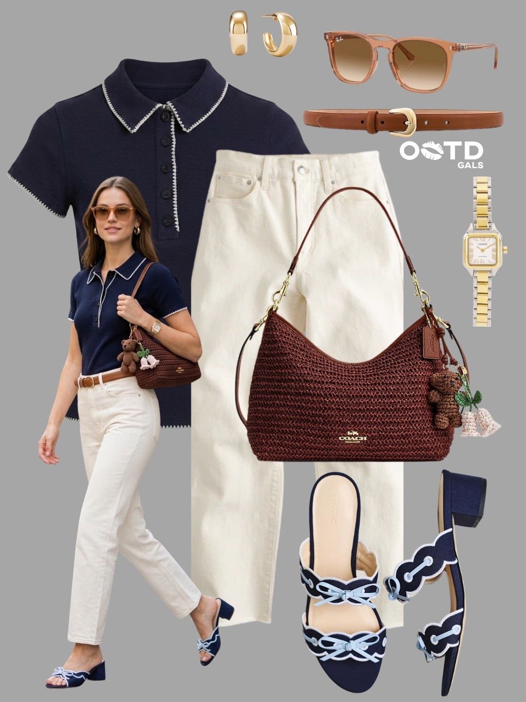 Classic navy and cream make a timeless pairing with a touch of rich texture 🤍💙🤎

This outfit blends polished elegance with everyday wearability. The navy knit polo brings a refined, preppy feel, while the cream straight-leg jeans keep the look fresh and versatile. Warm brown accessories add depth and contrast, creating a sophisticated color palette that feels effortlessly put together.

✨ Style Details:
• Navy knit polo top with contrast trim detailing
• Cream straight-leg jeans
• Slim tan leather belt
• Woven espresso-brown shoulder bag with charm accents
• Gold hoop earrings
• Gold-tone watch
• Gradient sunglasses
• Navy and light blue scalloped block-heel sandals

The combination of navy, ivory, and rich brown tones feels elevated yet approachable. Textured accessories and feminine details add interest while maintaining a clean, polished aesthetic.

Perfect for lunch dates, casual office days, weekend outings, shopping trips, vacation sightseeing, outdoor cafés, brunch gatherings, or everyday sophisticated style.

#ClassicChic #NavyAndCream #EffortlessElegance

#LTKeurope #LTKstyletip #LTKworkwear