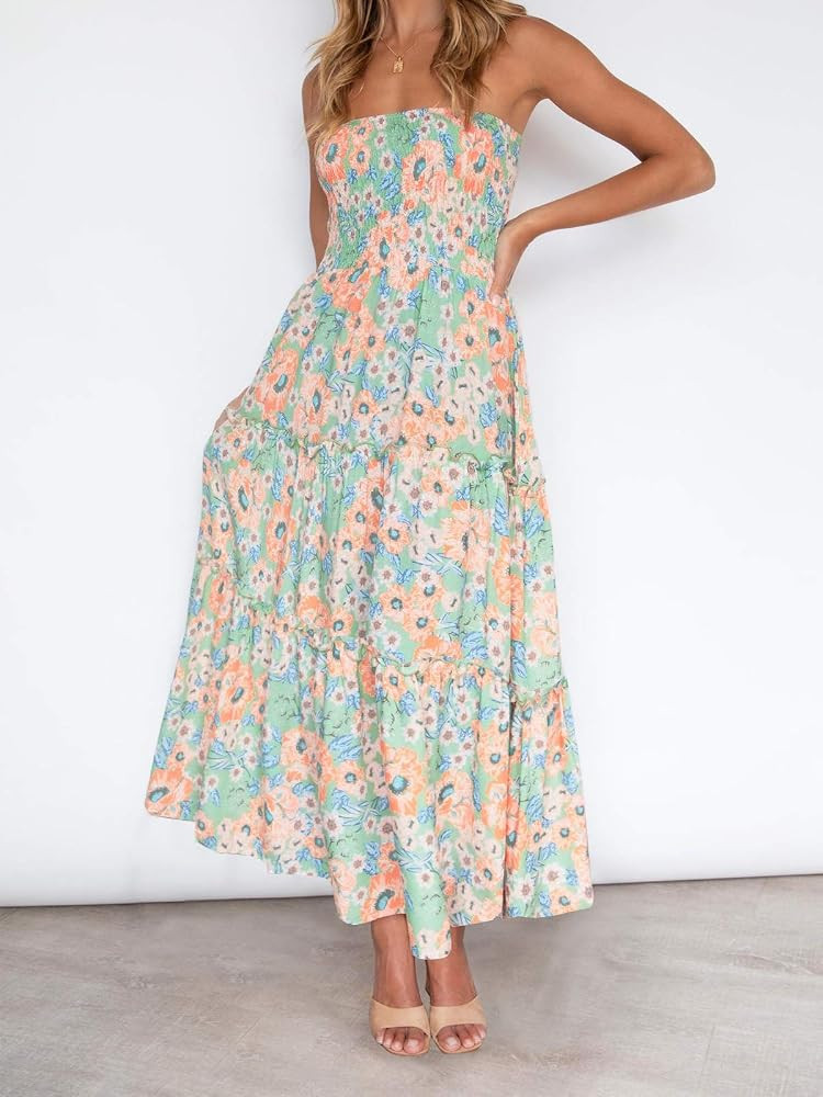 ZESICA Women's Summer Bohemian Floral Printed Strapless Beach Party Long Maxi Dress | Amazon (US)