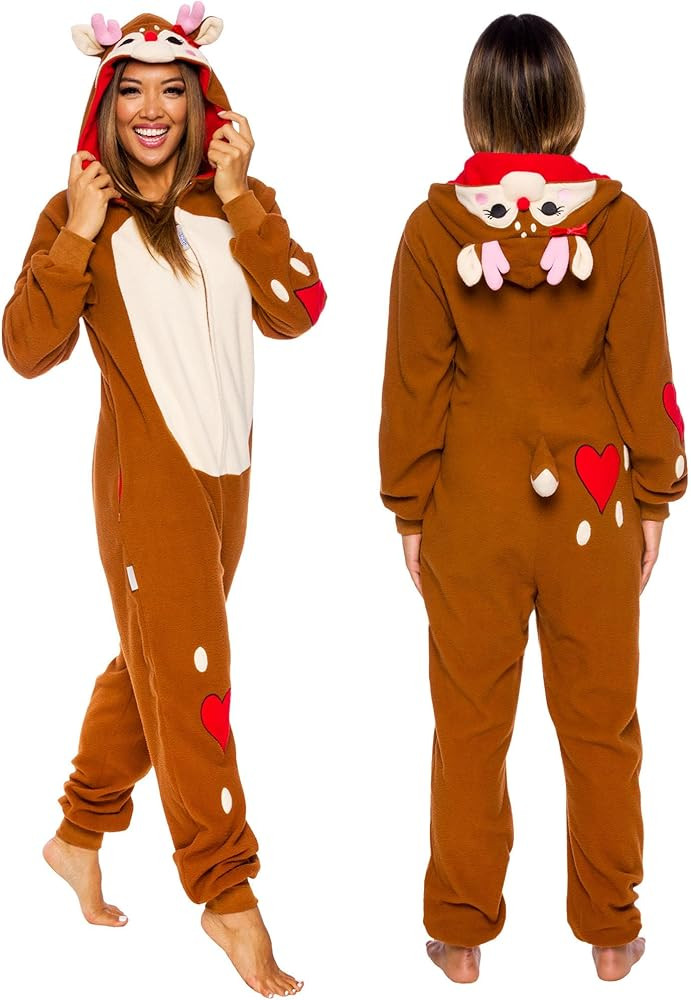 Women's Slim Fit Reindeer One Piece - Plush Adult Holiday Costume Jumpsuit by FUNZIEZ! | Amazon (US)