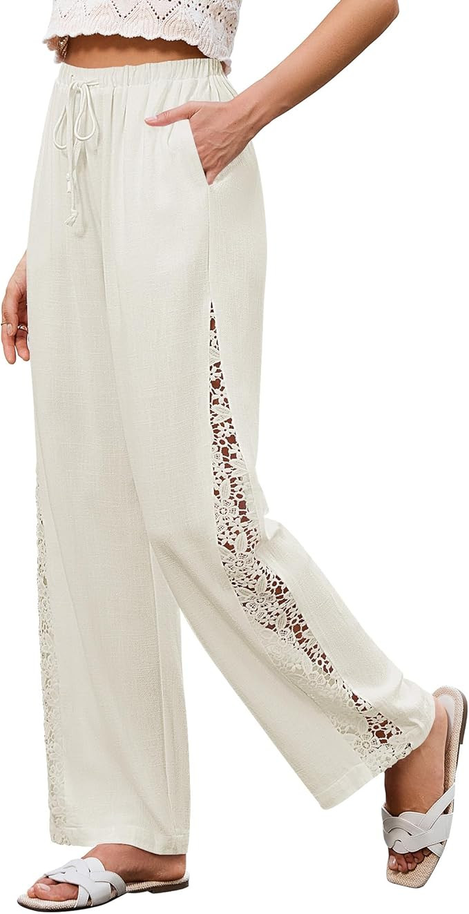 GRAPENT Linen Pants Women Wide Leg High Waisted Crochet Panel Pull On Elastic Waist Casual Summer... | Amazon (US)
