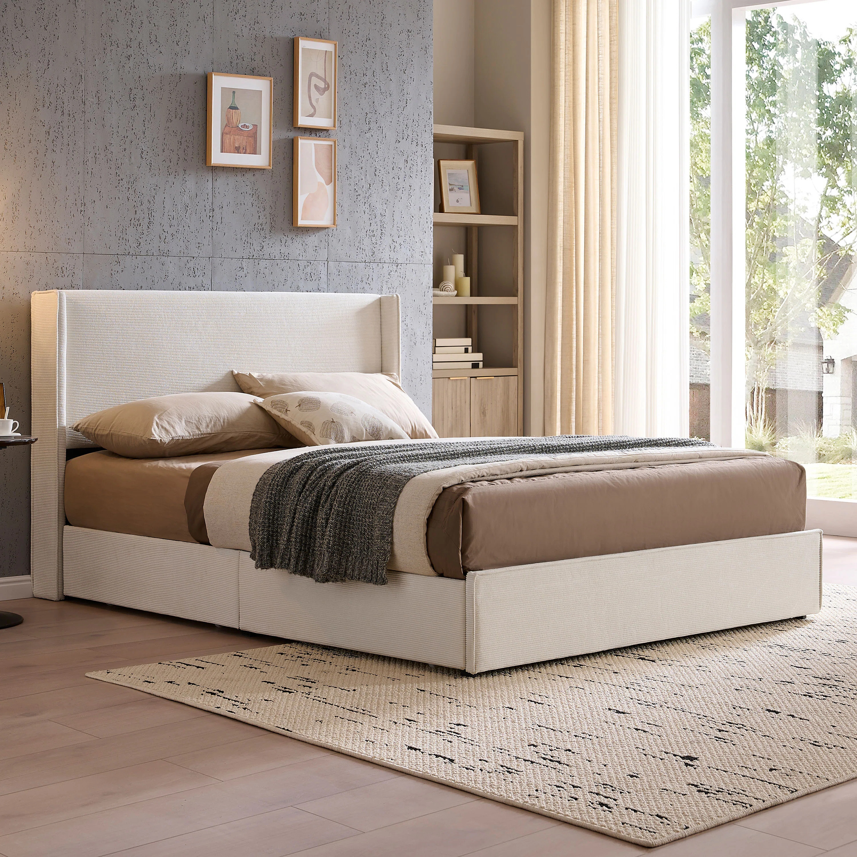 Modern Wingback Upholstered Platform Bed with 4 Storage Drawers, No Box Spring Needed, Soft Cordu... | Wayfair North America