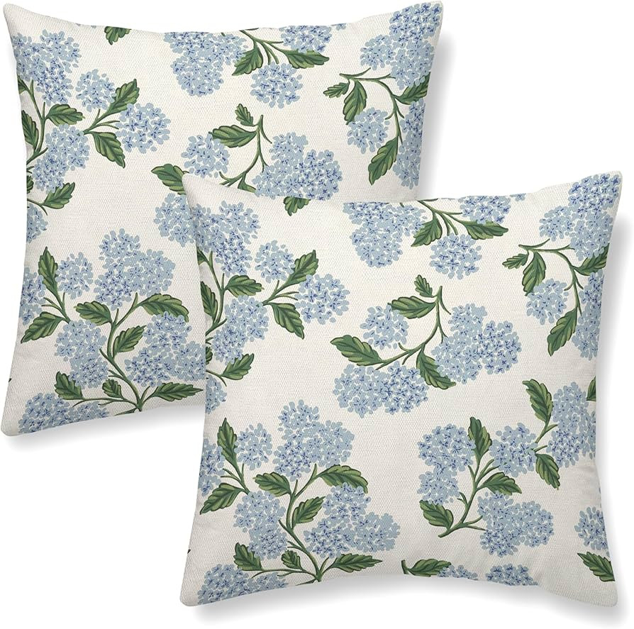 Blue Throw Pillow Covers 18x18 Inch 2 Pcs Blue Green Hydrangea Floral Outdoor Decor Pillow Covers... | Amazon (US)