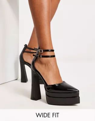 Simmi London Wide Fit double platform heels with pointed toe in black patent | ASOS (Global)