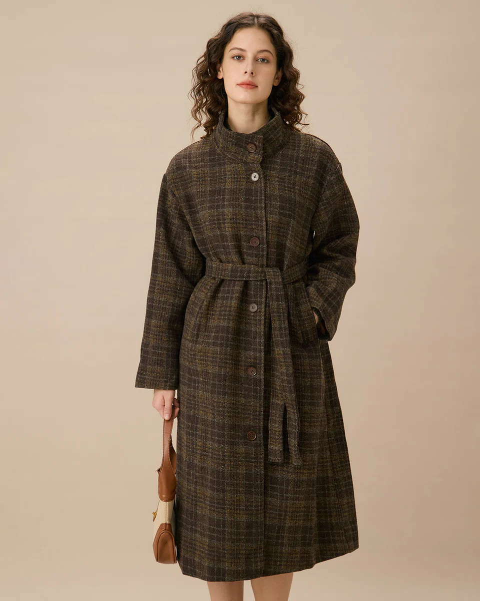 Coffee Mock Neck Single-breasted Plaid Coat | rihoas.com