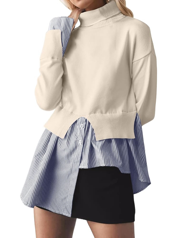 MISSACTIVER Women Slit Turtleneck Patchwork Sweater 2 in 1 Buttons Down Pullover Knit Sweater Asy... | Amazon (US)