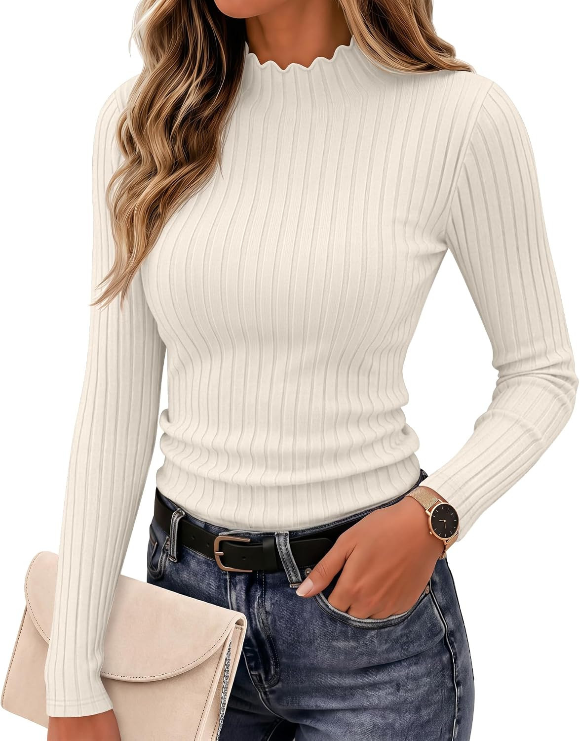 Huukeay Womens Mock Neck Tops Ribbed Long Sleeve Shirts | Amazon (US)