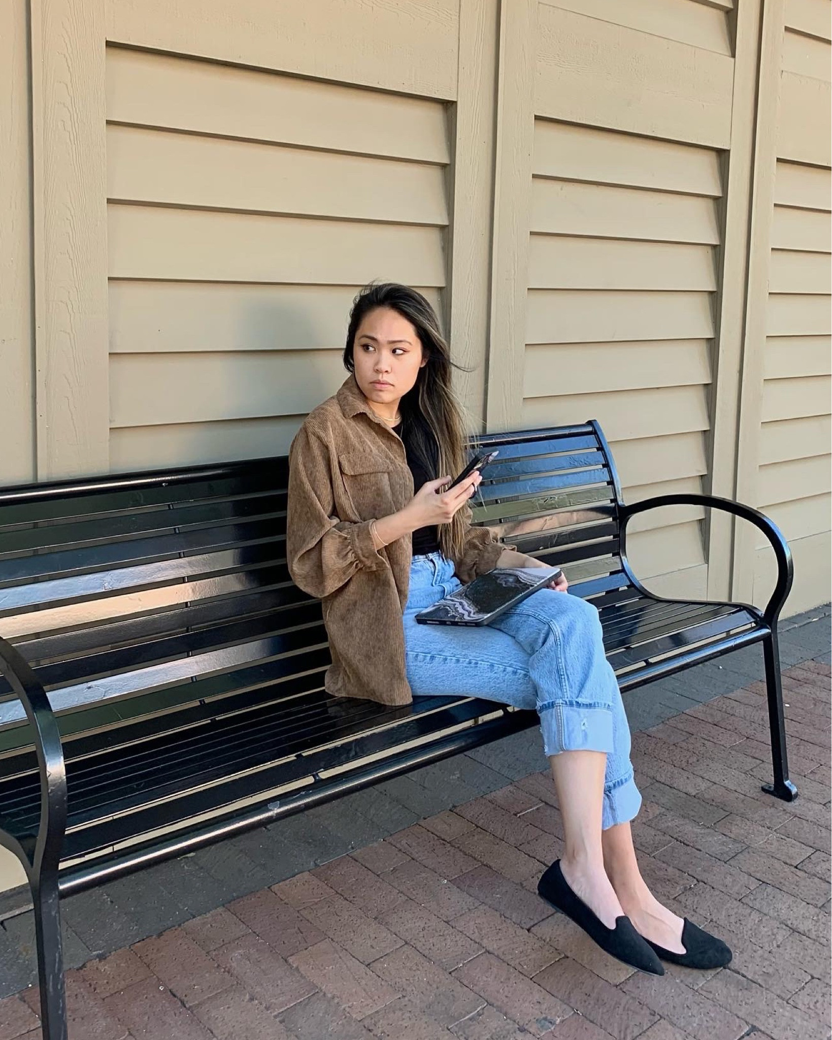 Fall outfit, Abercrombie jeans, straight jeans, Amazon Fashion shoes, mule shoes, black flats, shacket, black top, brown jacket

#LTKstyletip #LTKunder100 #LTKSeasonal