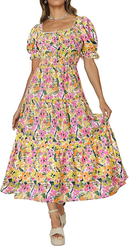 PRETTYGARDEN Women's Boho Floral Print Summer Dresses Square Neck Puff Sleeve A Line Long Dress S... | Amazon (US)