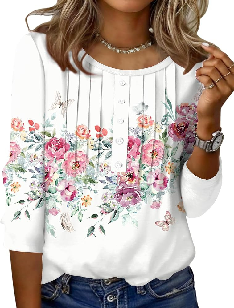 Zeagoo 3/4 Length Sleeve Womens Tops Round Neck Casual Summer Tunic Tops Basic Tees Blouses Dress... | Amazon (US)